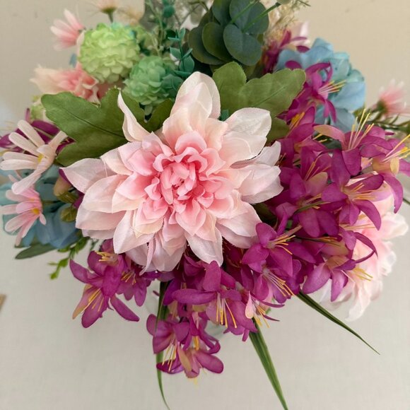 Upcycled Handcrafted Artificial Floral Arrangement Blue Green Pink Flowers OOAK - Picture 14 of 17